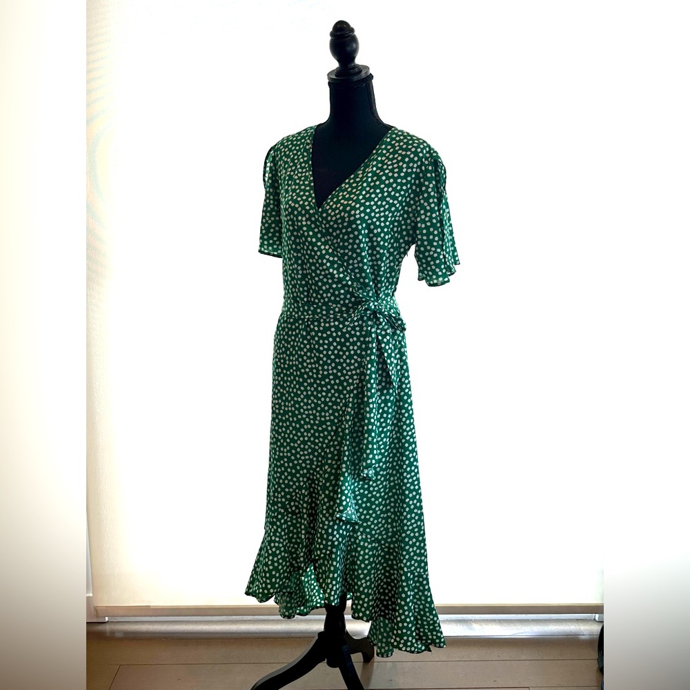 Green Floral Wrap Ruffle Cap Sleeve Dress